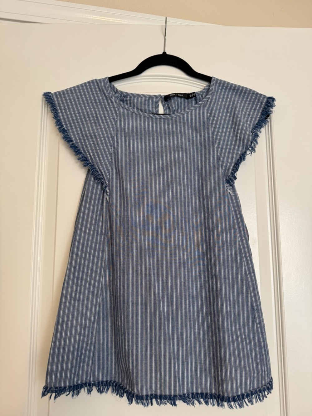 Doe & Rae Blue and White Striped Fringe Tank Top